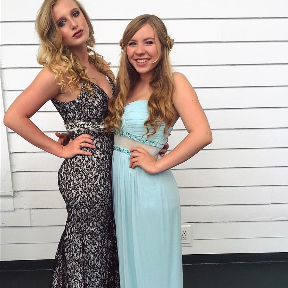 Tiffany Blue Prom Dress w/ Trendy Mesh Midrift